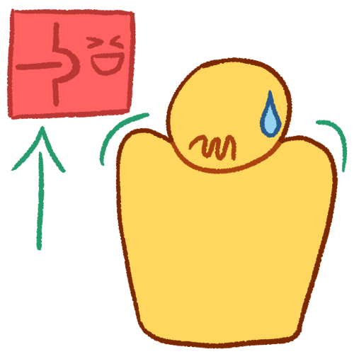 a drawing of a plain yellow person looking uncomfortable, with their shoulders raised, their mouth in a squiggly line, and a sweat droplet on their head. next to them is a pink square containing a glyph of a horizontal line going into a divot in a vertical line, with a laughing face next to it, with a green arrow pointing to the square